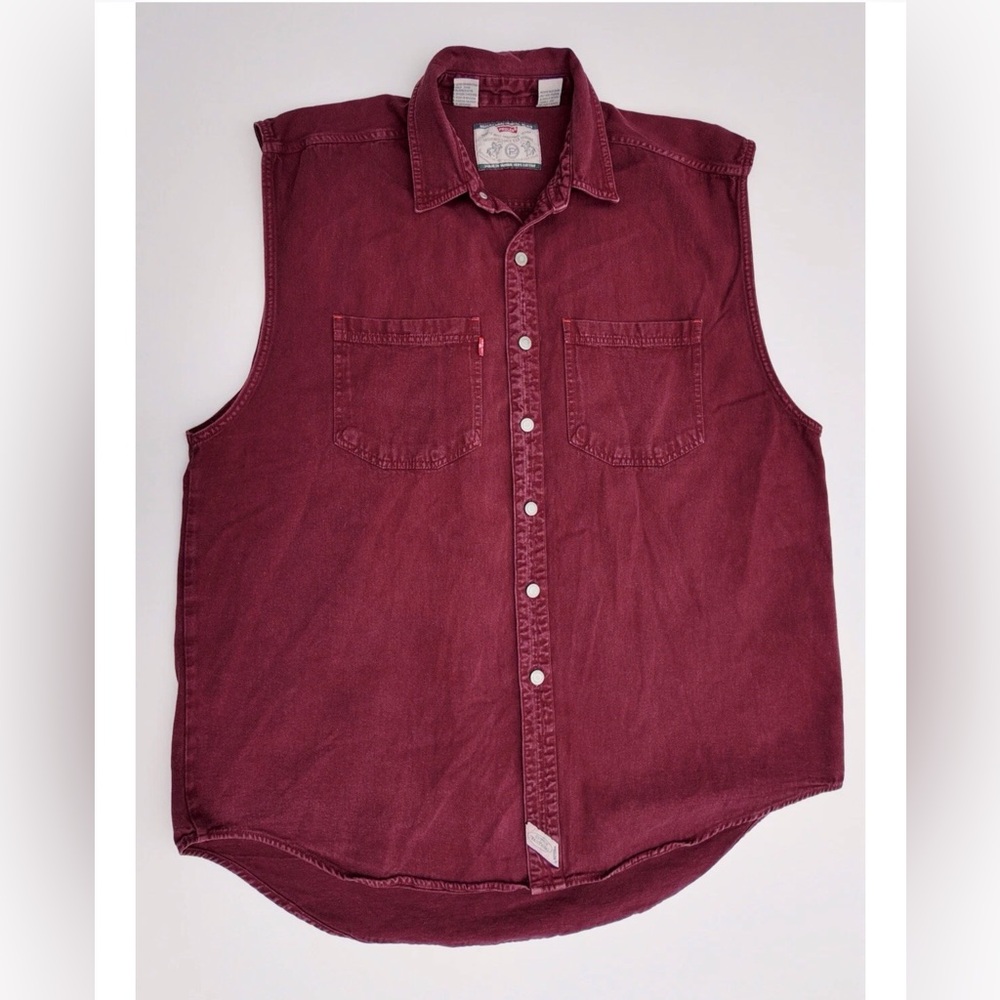 Prolen Men’s XL Red Cotton Denim Vest Sleeveless Frayed 90s Grunge Vintage Retro - Picture 5 of 16